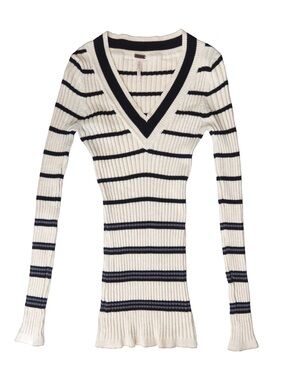 Poof White Striped Ribbed V Neck Sweater